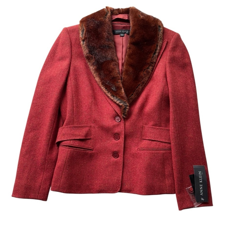 Anne Klein 2Pc Pant Suit Blazer Jacket Faux Fur Wool Blend Red Orange Size 8 NWT - Picture 7 of 16